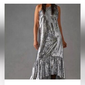 Maeve Anthropologie sequined silver one shoulder dress NWT